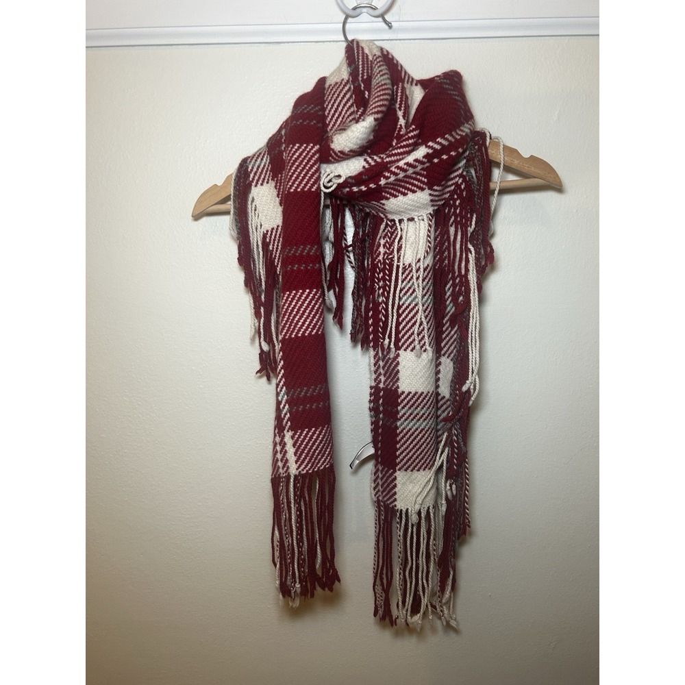 Gap Plaid Tartan Red Fringe Scare Wool‎ Blend